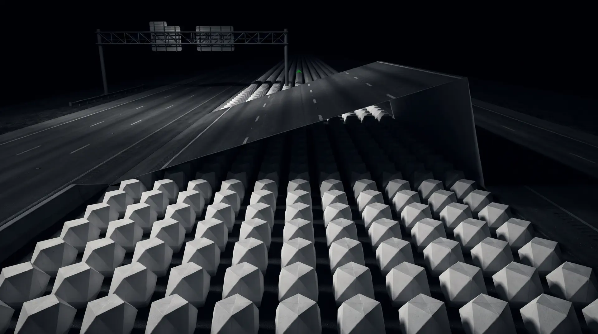 A Florida highway at night with a strip of pavement lifted in a single straight fold; beneath it, a dense grid of sealed white paper polyhedrons runs along the road.