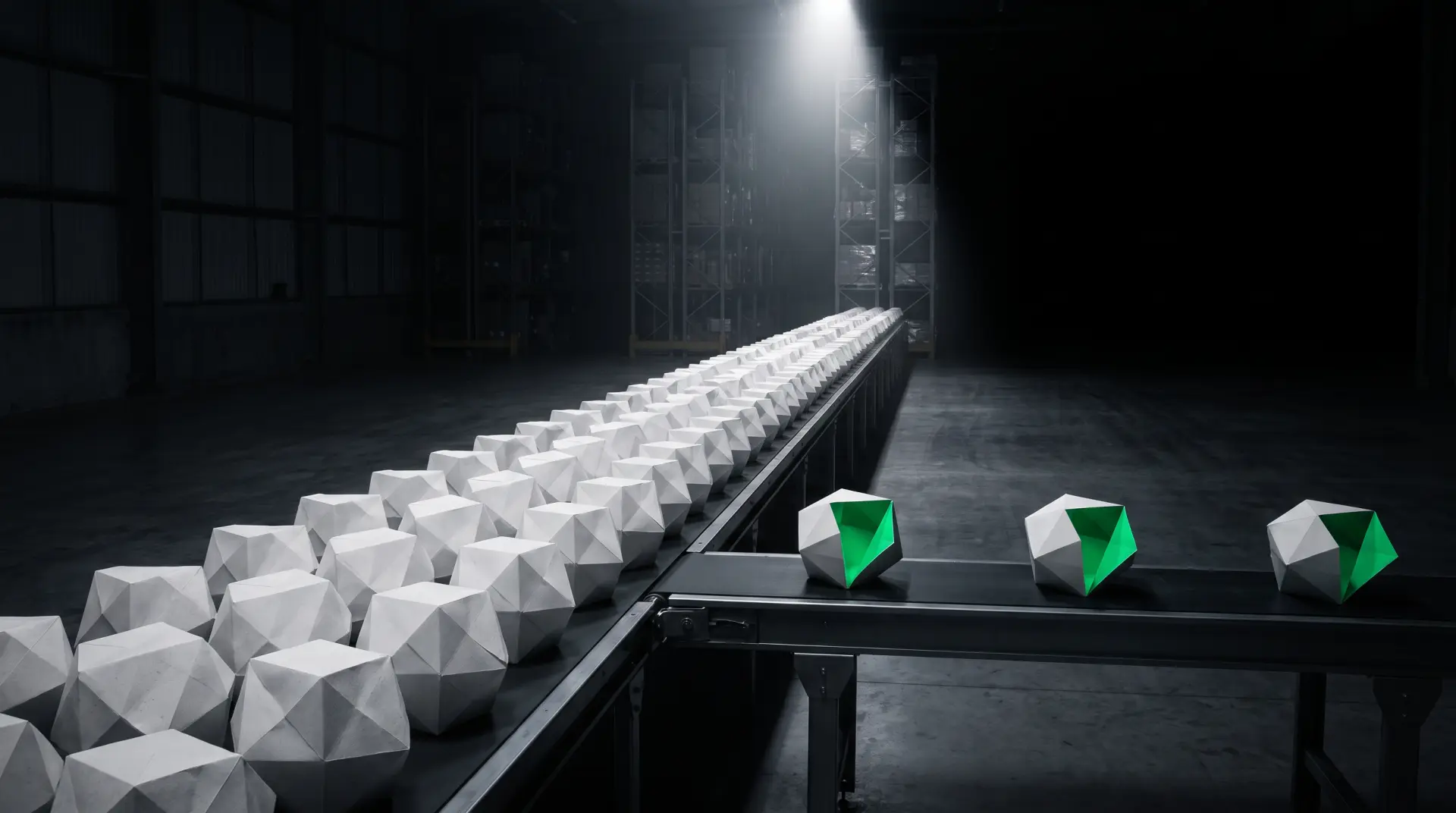 A conveyor in a dark warehouse carrying hundreds of sealed white paper polyhedrons; at a diverter, three are sent to a side lane, each with an open green fold.