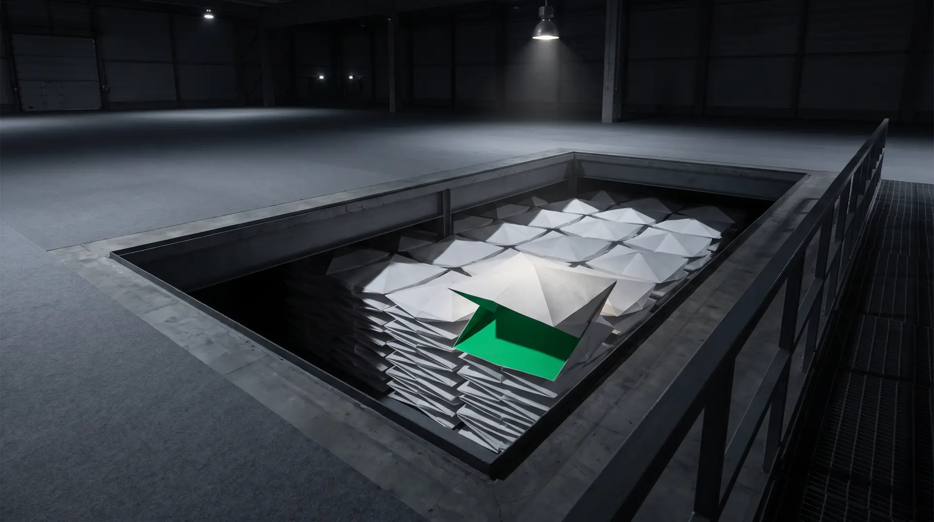 An empty warehouse floor cut open in a clean rectangular trench; below it, hundreds of sealed white paper polyhedrons in strata, one opening a green fold.
